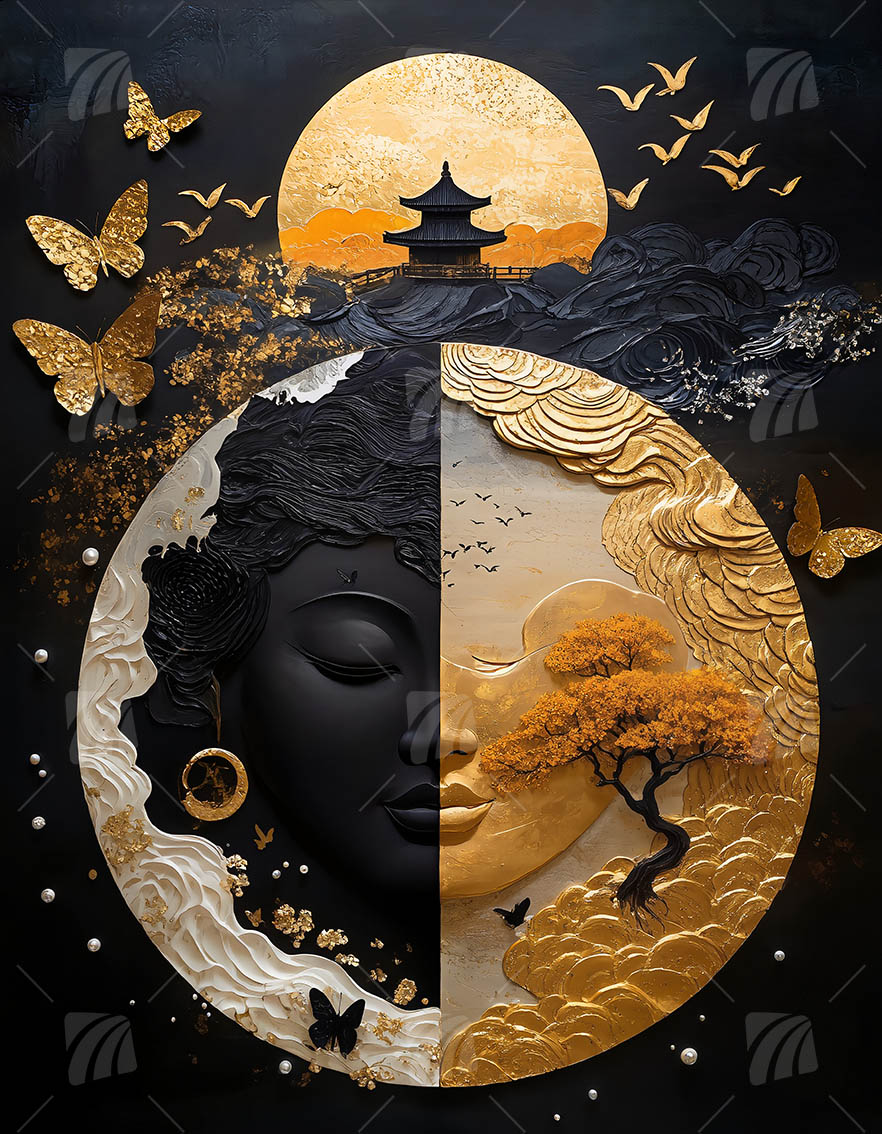 Goldener Zen-Buddha Japanische Ästhetik Wandbild auf Aluminium Dibond Spanntuch
