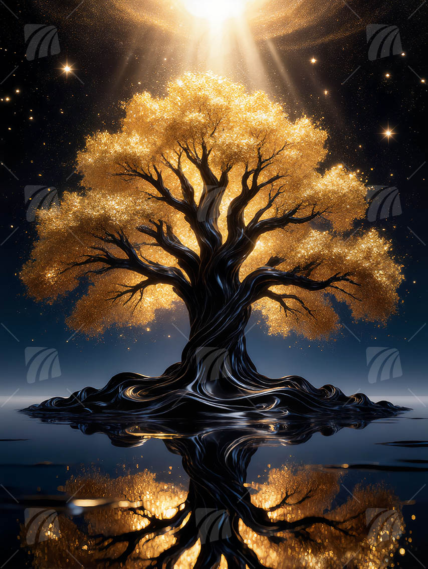 Goldener Lebensbaum Black & Gold Wandbild auf Aluminium Dibond Spanntuch