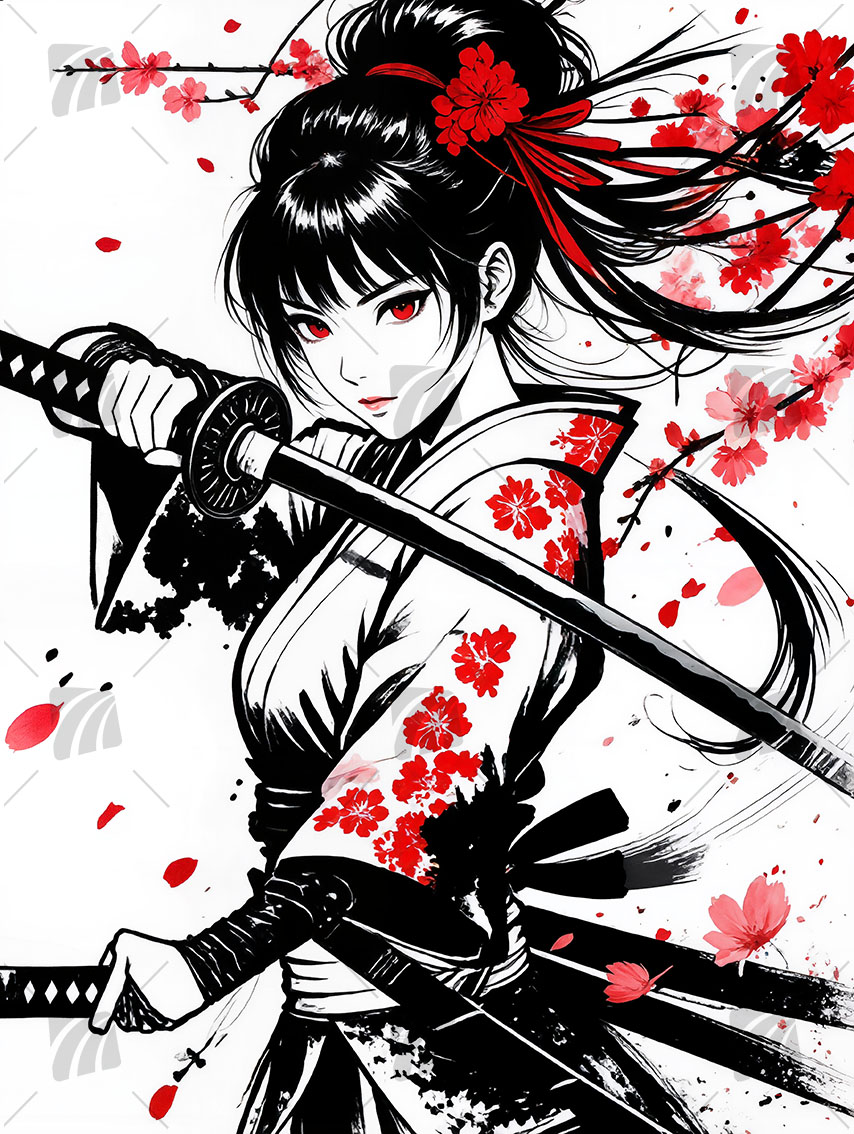 Samurai mit Kirschblüten Japanische Ästhetik Wandbild auf Aluminium Dibond Spanntuch