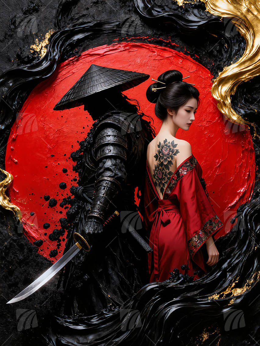 Samurai und Geisha Kunst Black & Gold Wandbild auf Aluminium Dibond Spanntuch