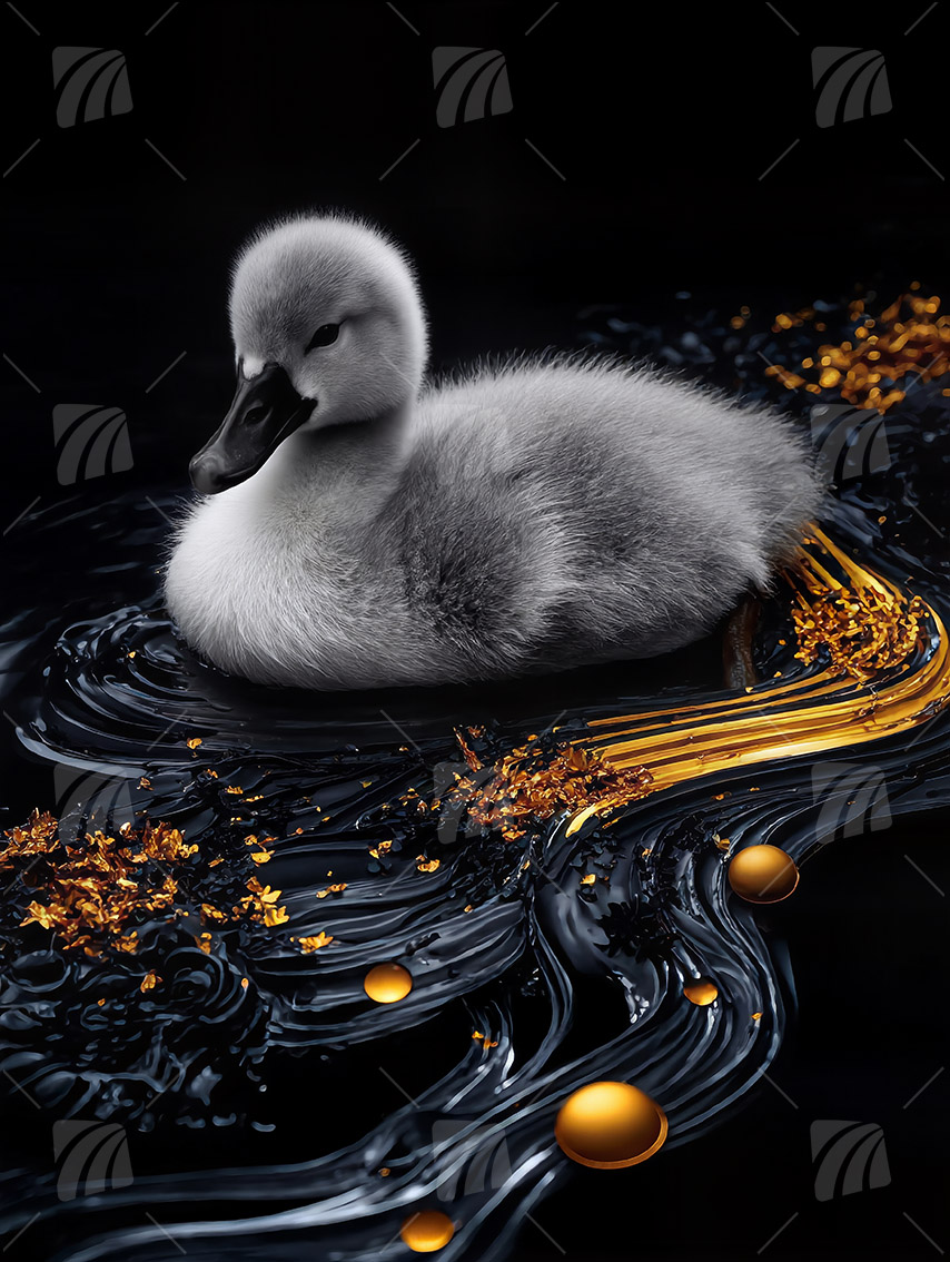Schwanenküken auf schwarzem Wasser Black & Gold Wandbild auf Aluminium Dibond Spanntuch