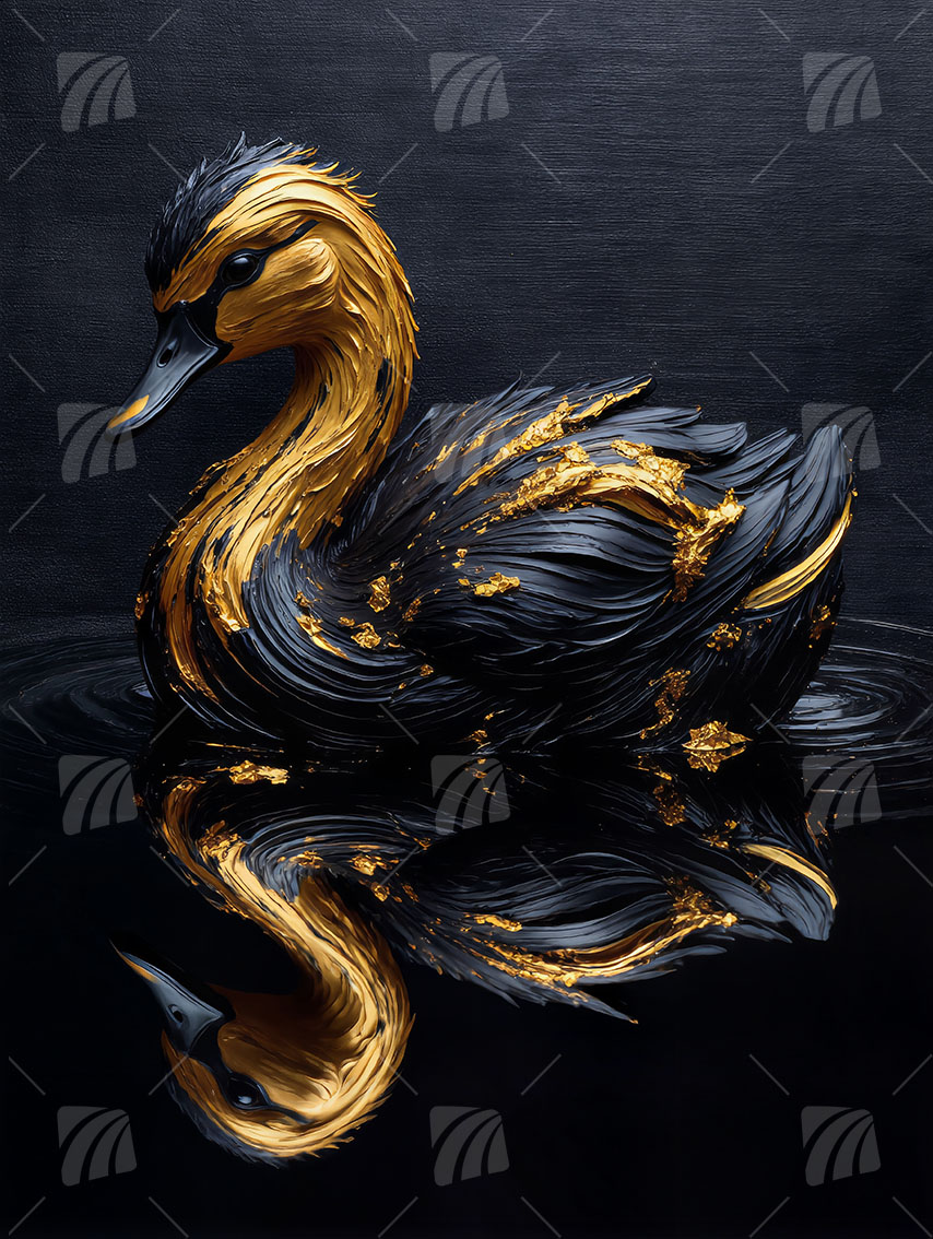 Goldener Schwan Black & Gold Wandbild auf Aluminium Dibond Spanntuch
