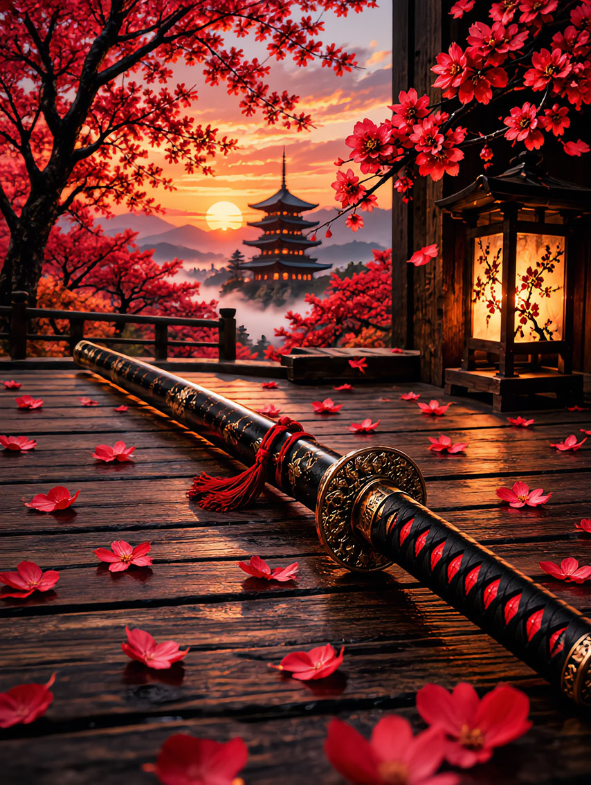 Samurai Katana Japanische Ästhetik Wandbild auf Aluminium Dibond Spanntuch