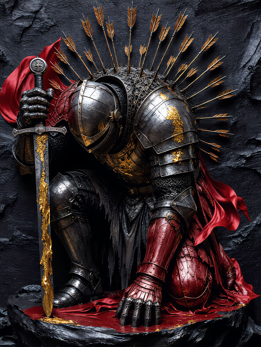 Knight's Reverence Black & Gold Wandbild auf Aluminium Dibond Spanntuch