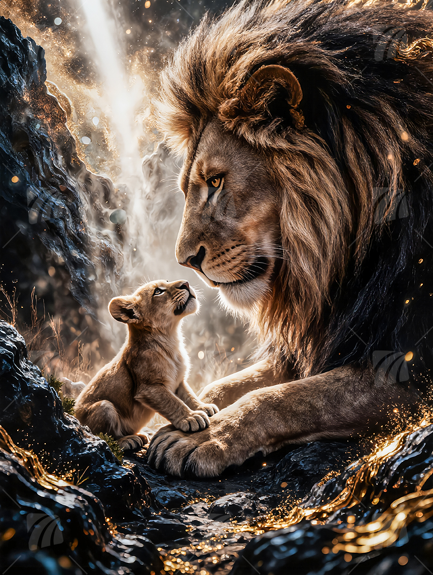 Lion & Cub Tiere Wandbild auf Aluminium Dibond Spanntuch