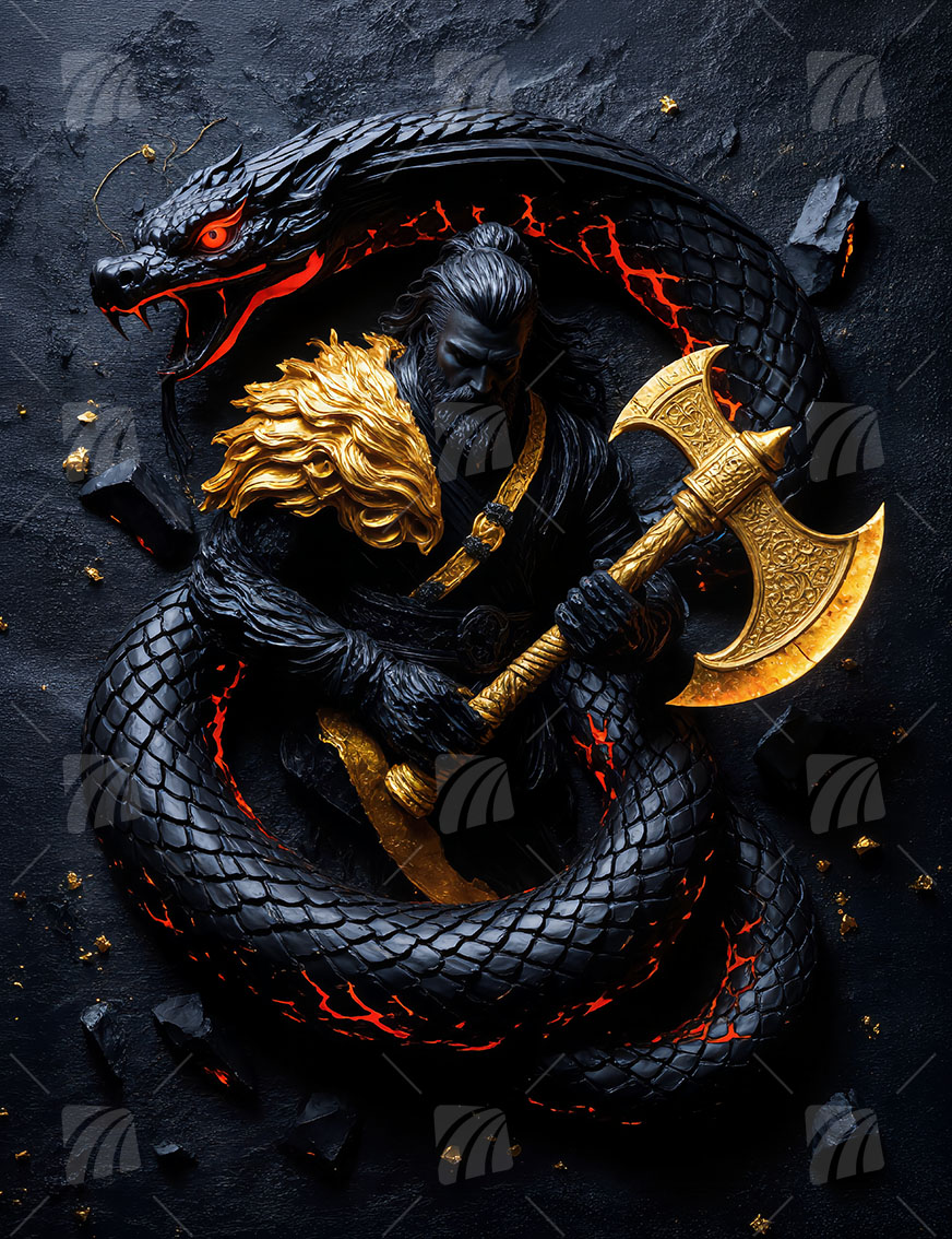 Serpent Slayer Krieger Wandbild auf Aluminium Dibond Spanntuch